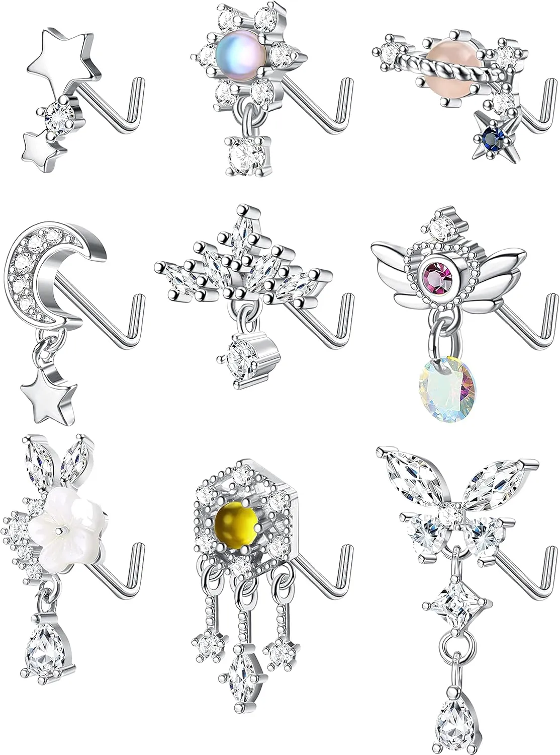 JOERICA 9 Pcs 20G Dangle Nose Rings and Studs for Women - Stainless Steel L Shaped Heart Moon Feather Snowflake Wing CZ Dangling Piercing Jewelry