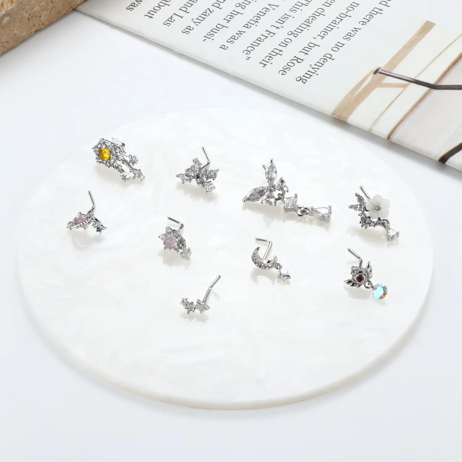 JOERICA 9 Pcs 20G Dangle Nose Rings and Studs for Women - Stainless Steel L Shaped Heart Moon Feather Snowflake Wing CZ Dangling Piercing Jewelry