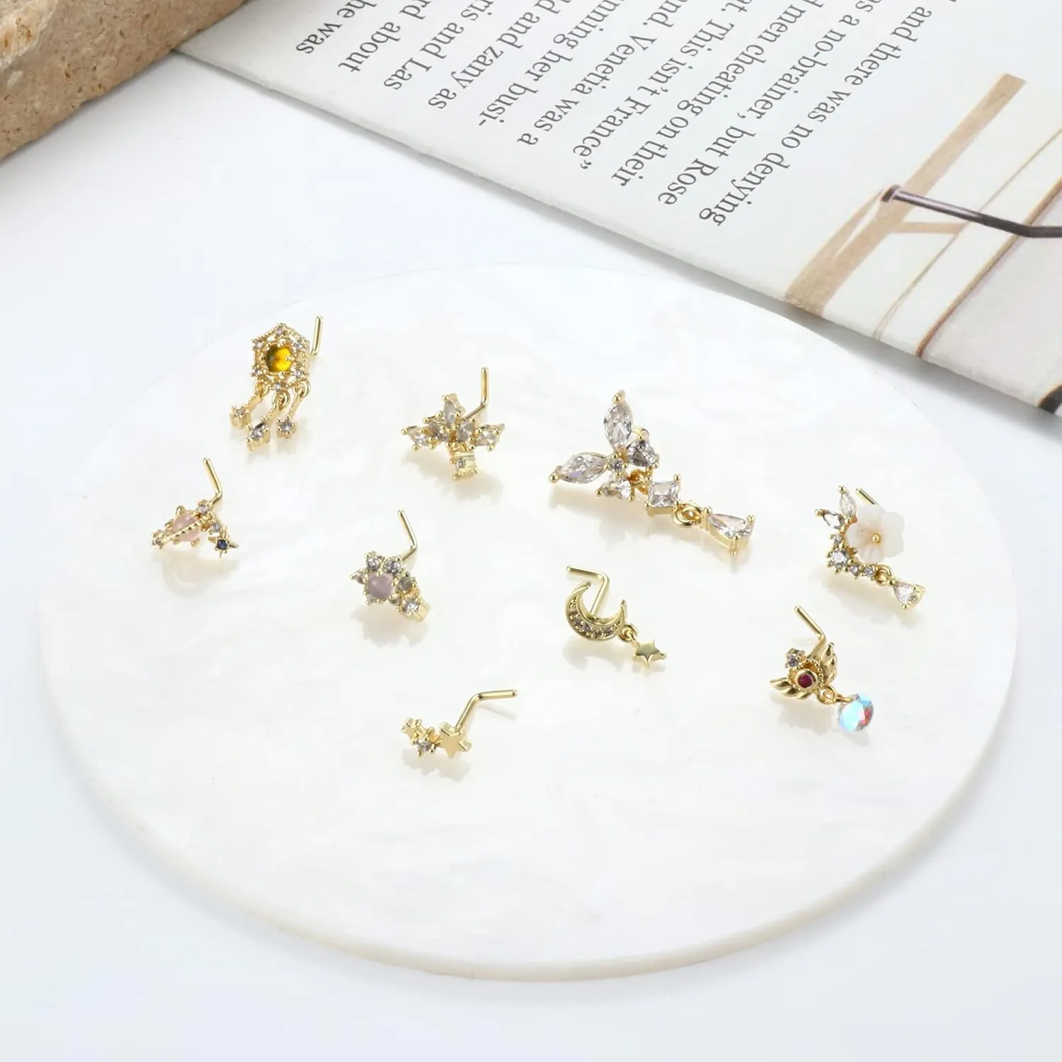 JOERICA 9 Pcs 20G Dangle Nose Rings and Studs for Women - Stainless Steel L Shaped Heart Moon Feather Snowflake Wing CZ Dangling Piercing Jewelry