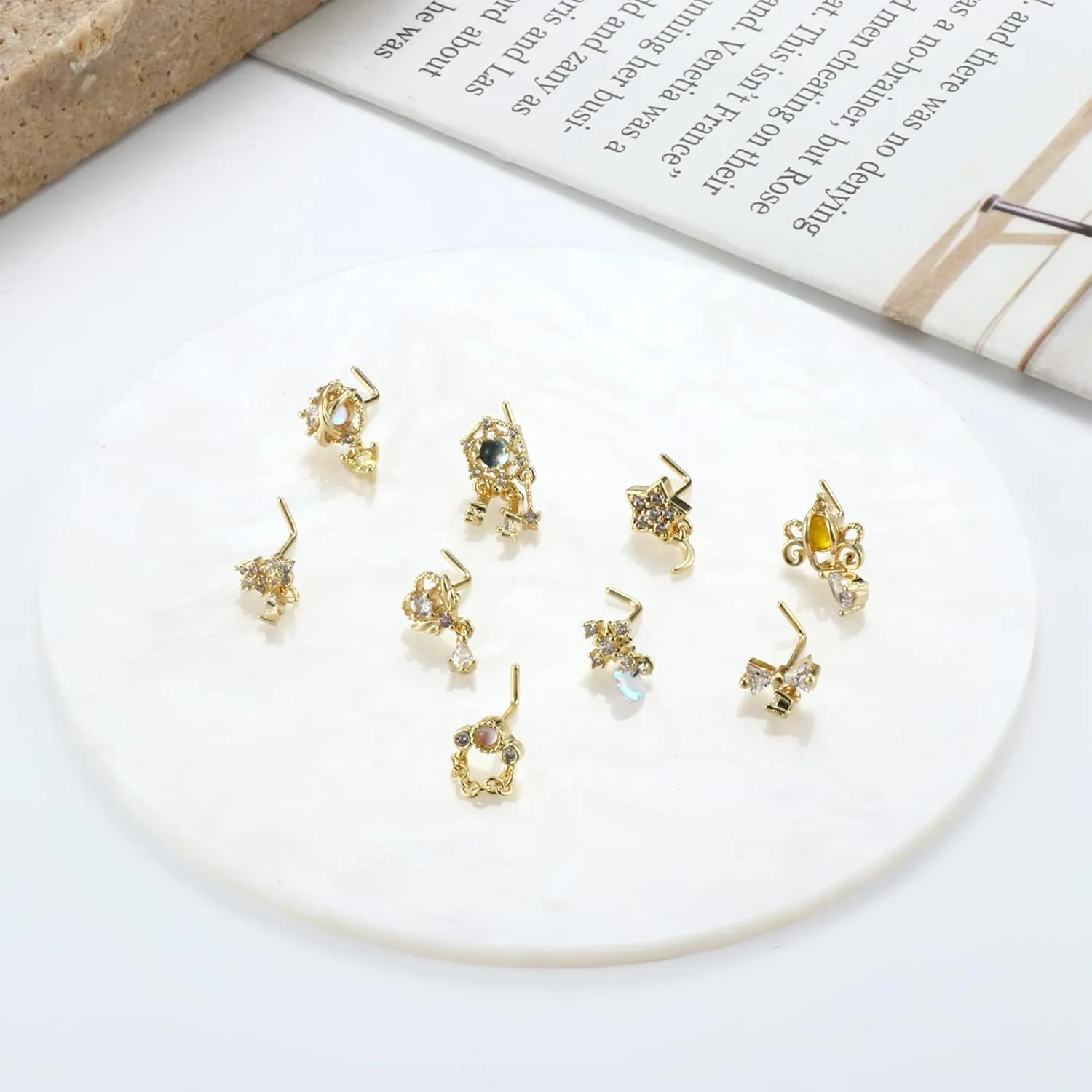JOERICA 9 Pcs 20G Dangle Nose Rings and Studs for Women - Stainless Steel L Shaped Heart Moon Feather Snowflake Wing CZ Dangling Piercing Jewelry