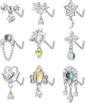 JOERICA 9 Pcs 20G Dangle Nose Rings and Studs for Women - Stainless Steel L Shaped Heart Moon Feather Snowflake Wing CZ Dangling Piercing Jewelry