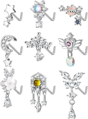 JOERICA 9 Pcs 20G Dangle Nose Rings and Studs for Women - Stainless Steel L Shaped Heart Moon Feather Snowflake Wing CZ Dangling Piercing Jewelry