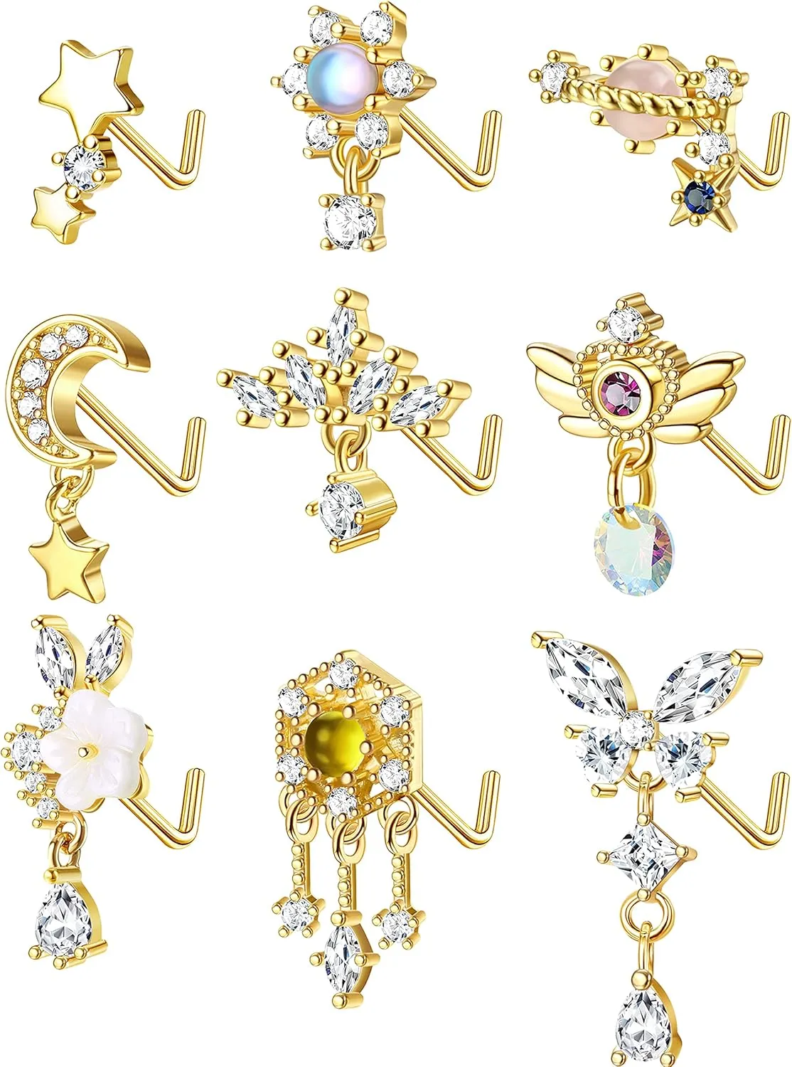 JOERICA 9 Pcs 20G Dangle Nose Rings and Studs for Women - Stainless Steel L Shaped Heart Moon Feather Snowflake Wing CZ Dangling Piercing Jewelry