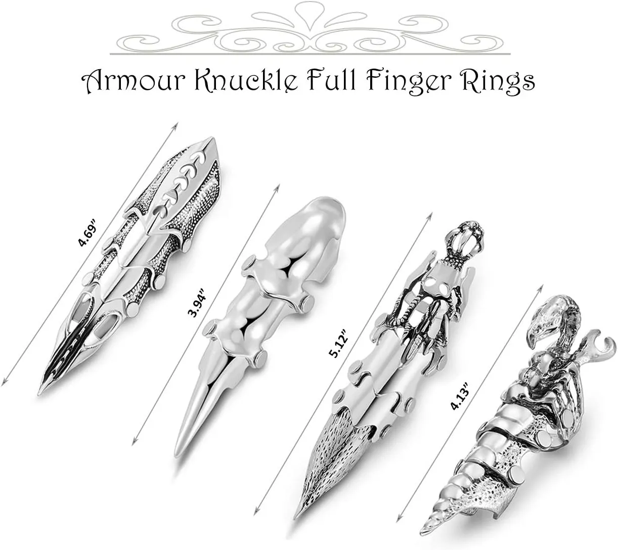 Jovivi Men's Jewelry Silvery Armour Knuckle Full Finger Double Loop Activity Ring Punk Rock Gothic Cool,1-4pcs