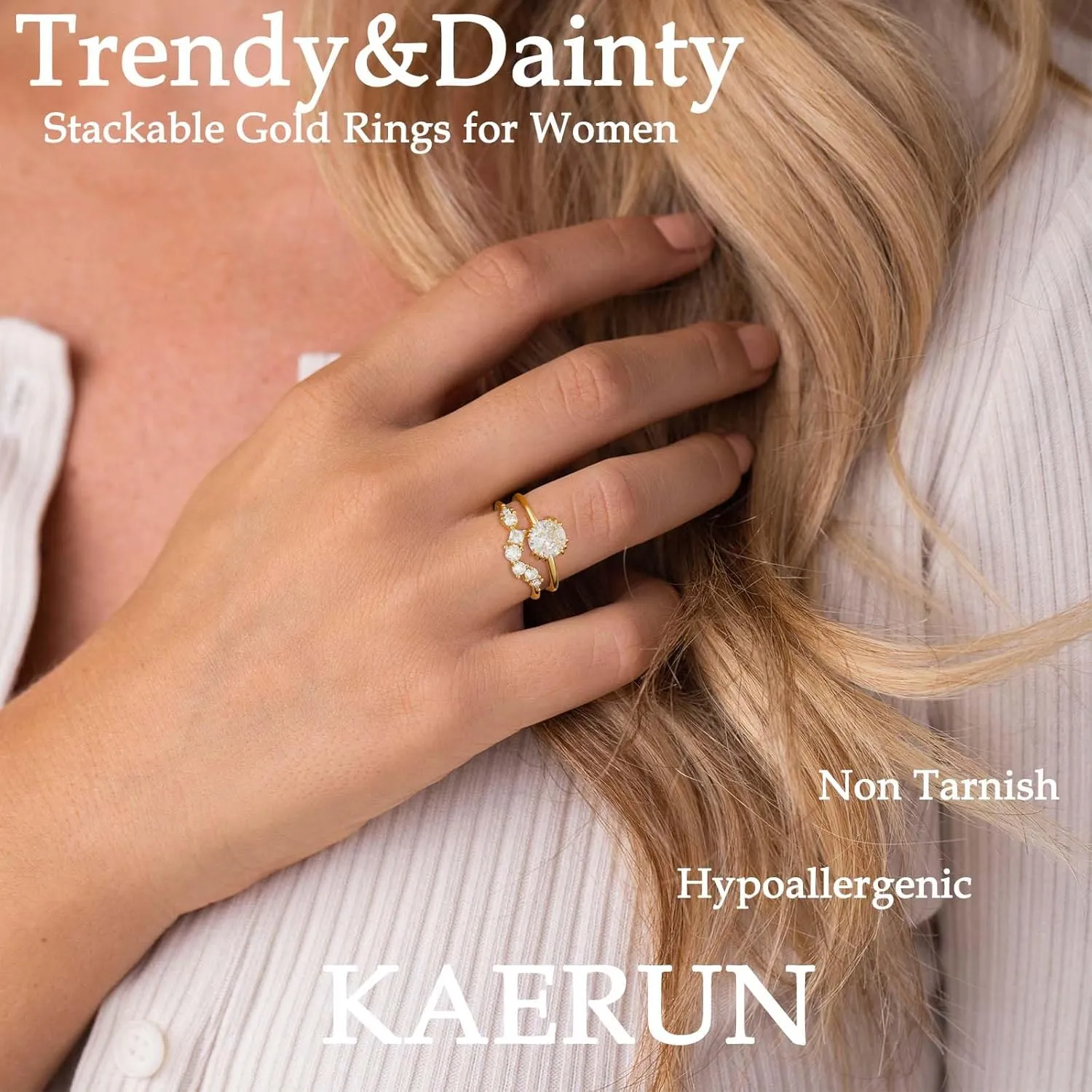 KAERUN Cubic Zirconia Gold Rings for Women Non Tarnish 14K Gold Plated Diamond Wedding Promise Engagement Rings Stackable Fashion Dainty Gold Knuckle Women Rings Set Size 6 7 8 9 10 11
