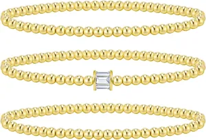 KesaPlan Gold Beaded Bracelet for Women, 14K Gold Plated Birthstone Stretch Bead Bracelet Stretch Trendy Stack Jewelry Set for Mother's Day Valentines Gifts for Her