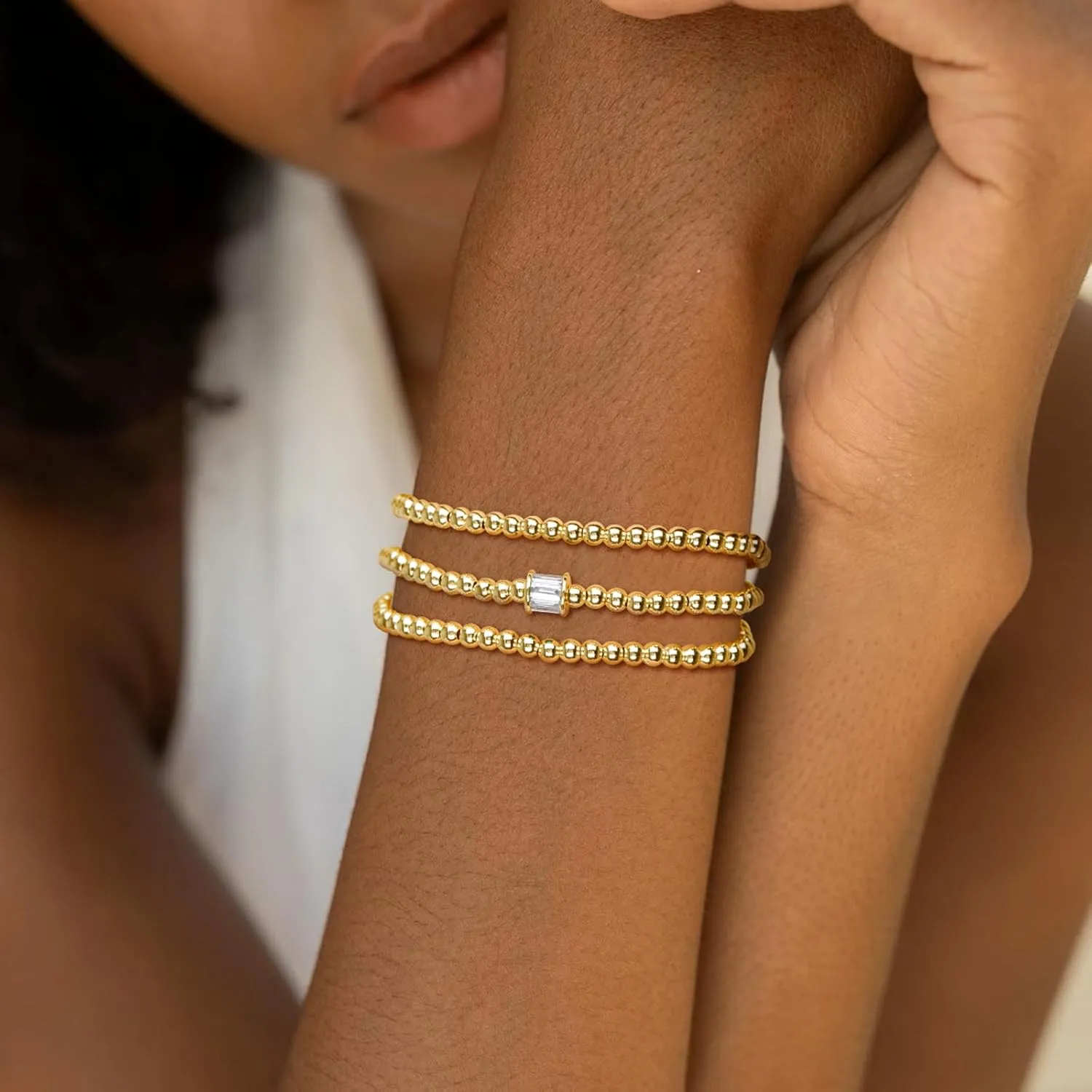 KesaPlan Gold Beaded Bracelet for Women, 14K Gold Plated Birthstone Stretch Bead Bracelet Stretch Trendy Stack Jewelry Set for Mother's Day Valentines Gifts for Her