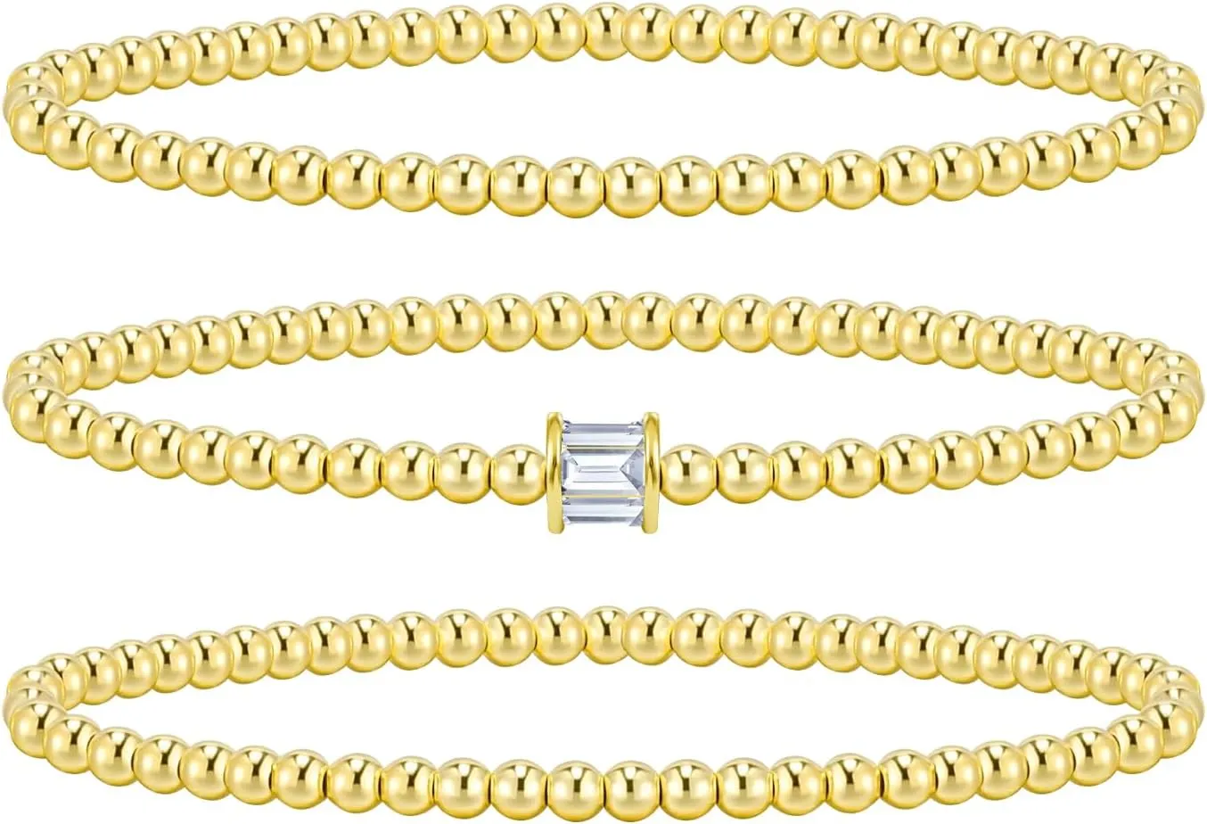 KesaPlan Gold Beaded Bracelet for Women, 14K Gold Plated Birthstone Stretch Bead Bracelet Stretch Trendy Stack Jewelry Set for Mother's Day Valentines Gifts for Her