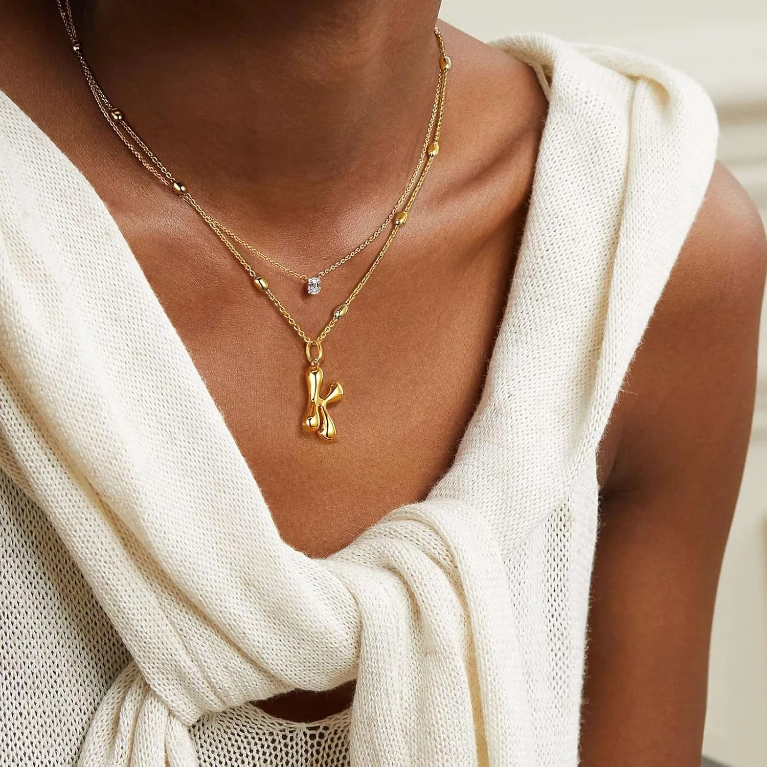 KissYan Bubble Letter Necklace,14K Gold Plated Personalized 3D Puffy Balloon Initial Pendant with Adjustable Bead Chain, Dainty Jewelry Gift for Women