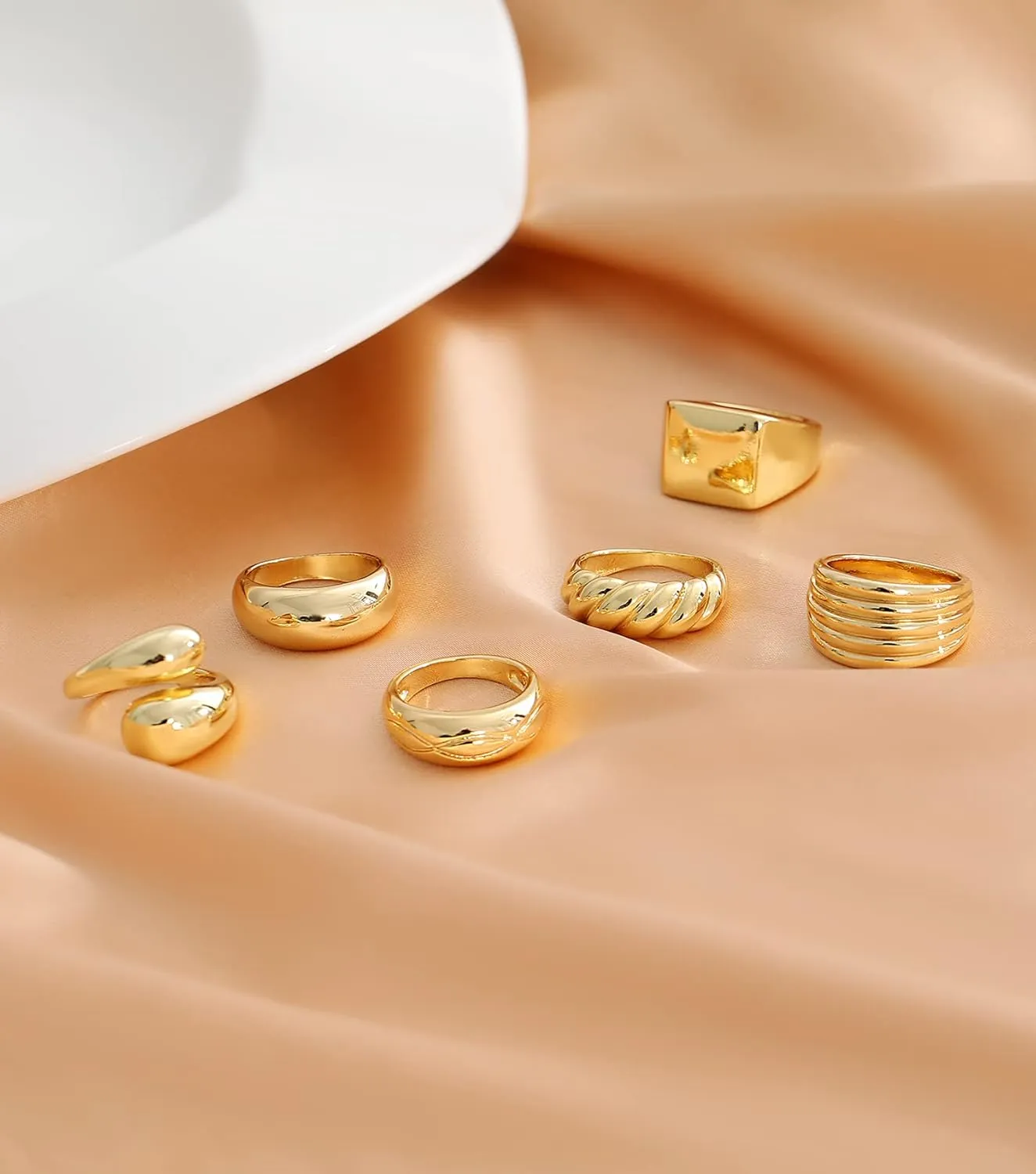 KOHOTA 6PCS Thick Dome Chunky Rings for Women 18K Gold Plated Braided Twisted Signet Ring Big Croissant Ring Minimalist Statement Ring Size 5-9