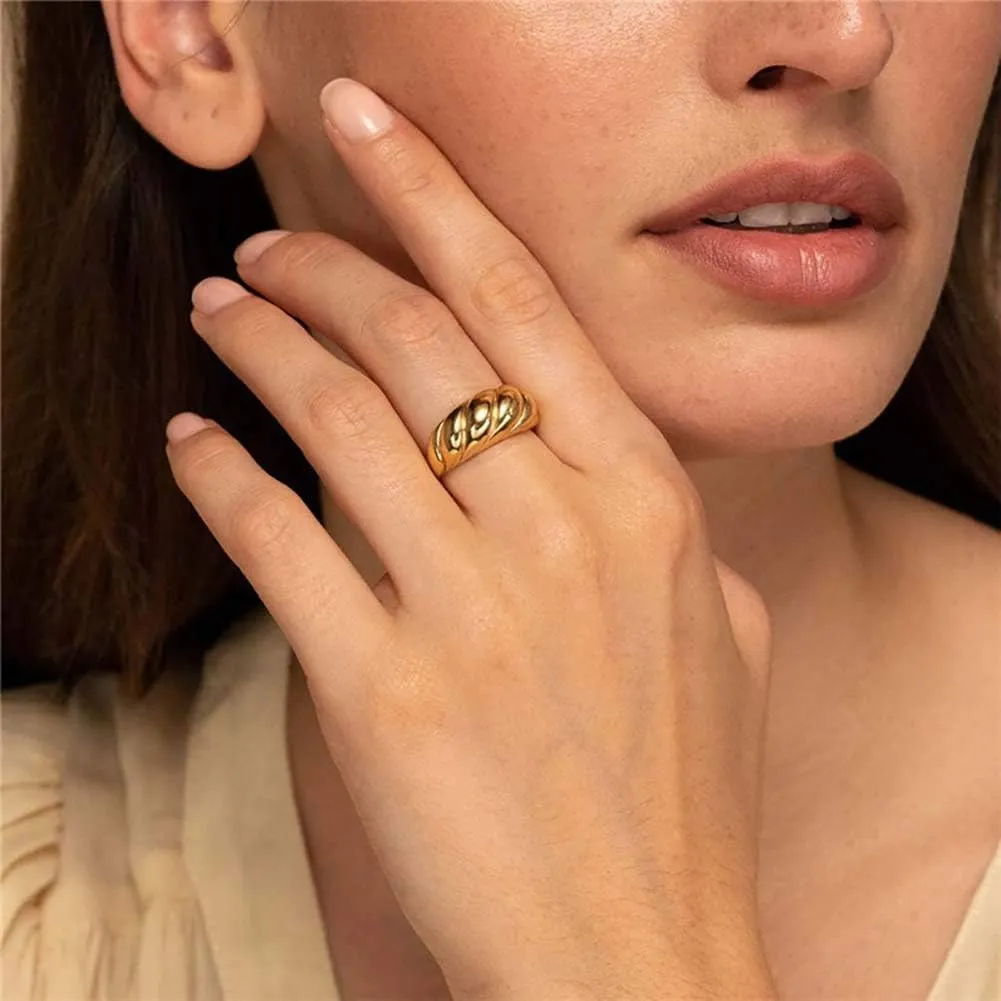 KOHOTA 6PCS Thick Dome Chunky Rings for Women 18K Gold Plated Braided Twisted Signet Ring Big Croissant Ring Minimalist Statement Ring Size 5-9