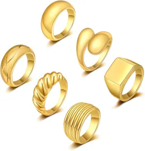 KOHOTA 6PCS Thick Dome Chunky Rings for Women 18K Gold Plated Braided Twisted Signet Ring Big Croissant Ring Minimalist Statement Ring Size 5-9