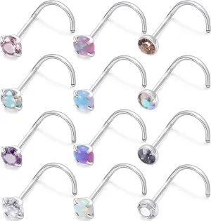 Kridzisw 18G 20G 22G Surgical Steel Nose Rings Studs CZ Opal 1.5mm 2mm 2.5mm 3mm for Women Men 12Pcs