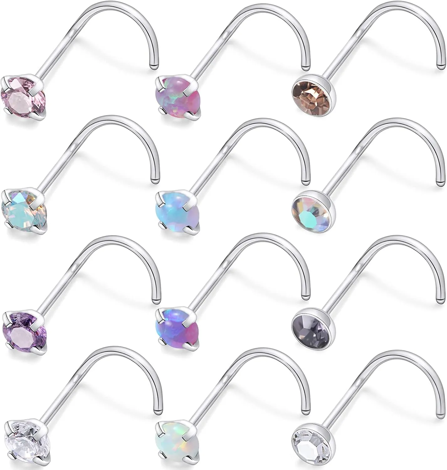 Kridzisw 18G 20G 22G Surgical Steel Nose Rings Studs CZ Opal 1.5mm 2mm 2.5mm 3mm for Women Men 12Pcs