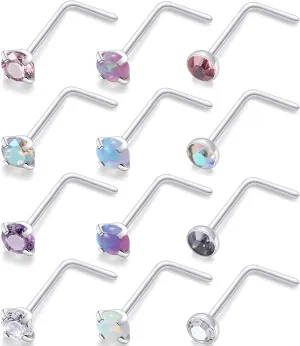 Kridzisw 18G 20G 22G Surgical Steel Nose Rings Studs CZ Opal 1.5mm 2mm 2.5mm 3mm for Women Men 12Pcs