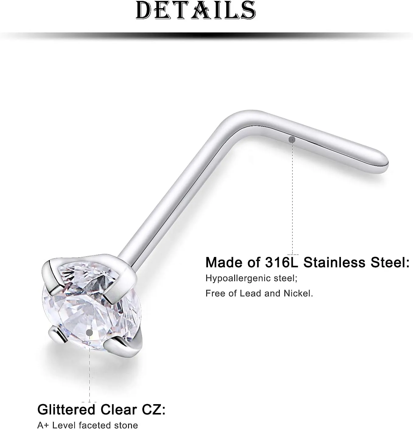 Kridzisw 18G 20G 22G Surgical Steel Nose Rings Studs CZ Opal 1.5mm 2mm 2.5mm 3mm for Women Men 12Pcs