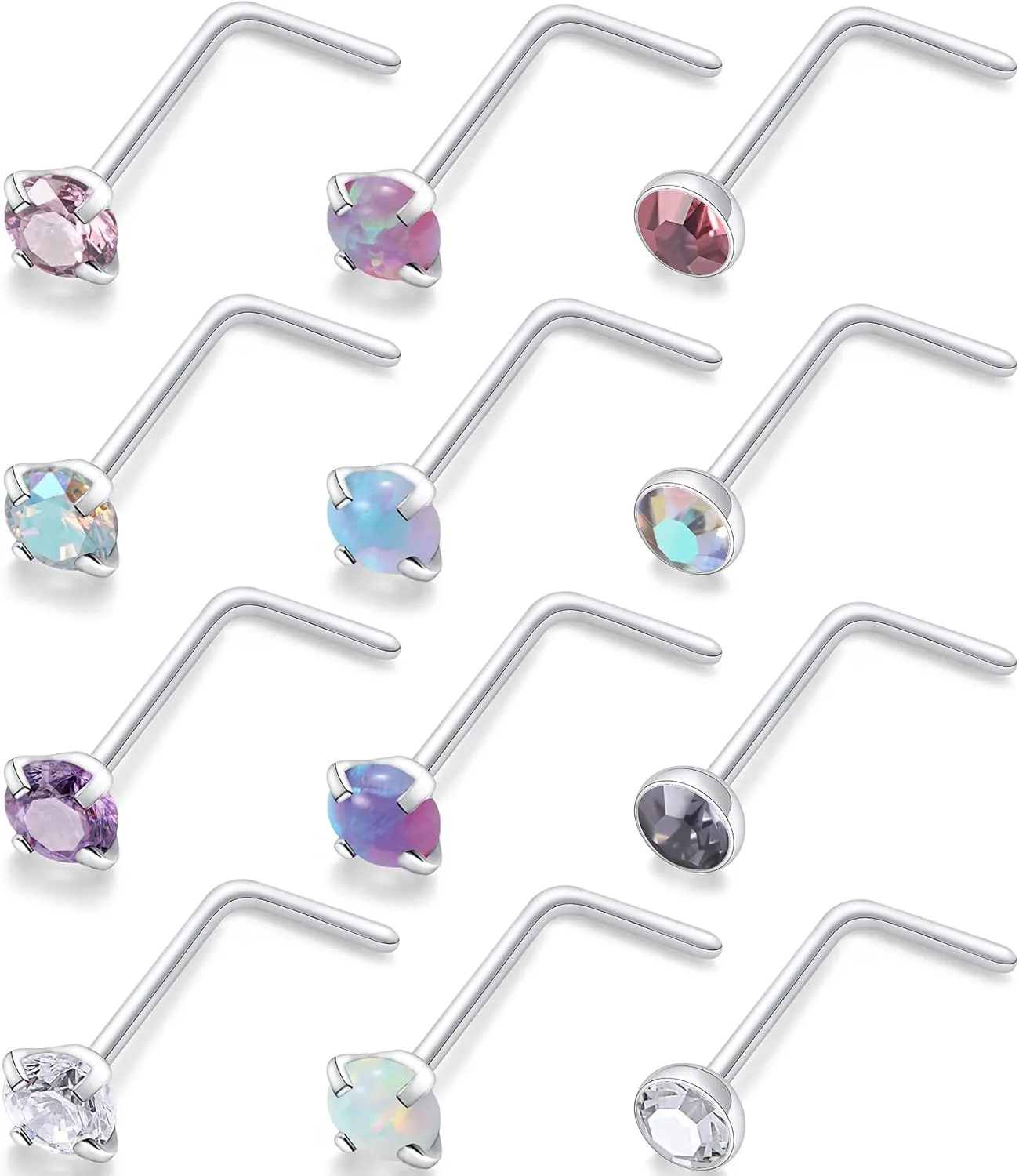 Kridzisw 18G 20G 22G Surgical Steel Nose Rings Studs CZ Opal 1.5mm 2mm 2.5mm 3mm for Women Men 12Pcs
