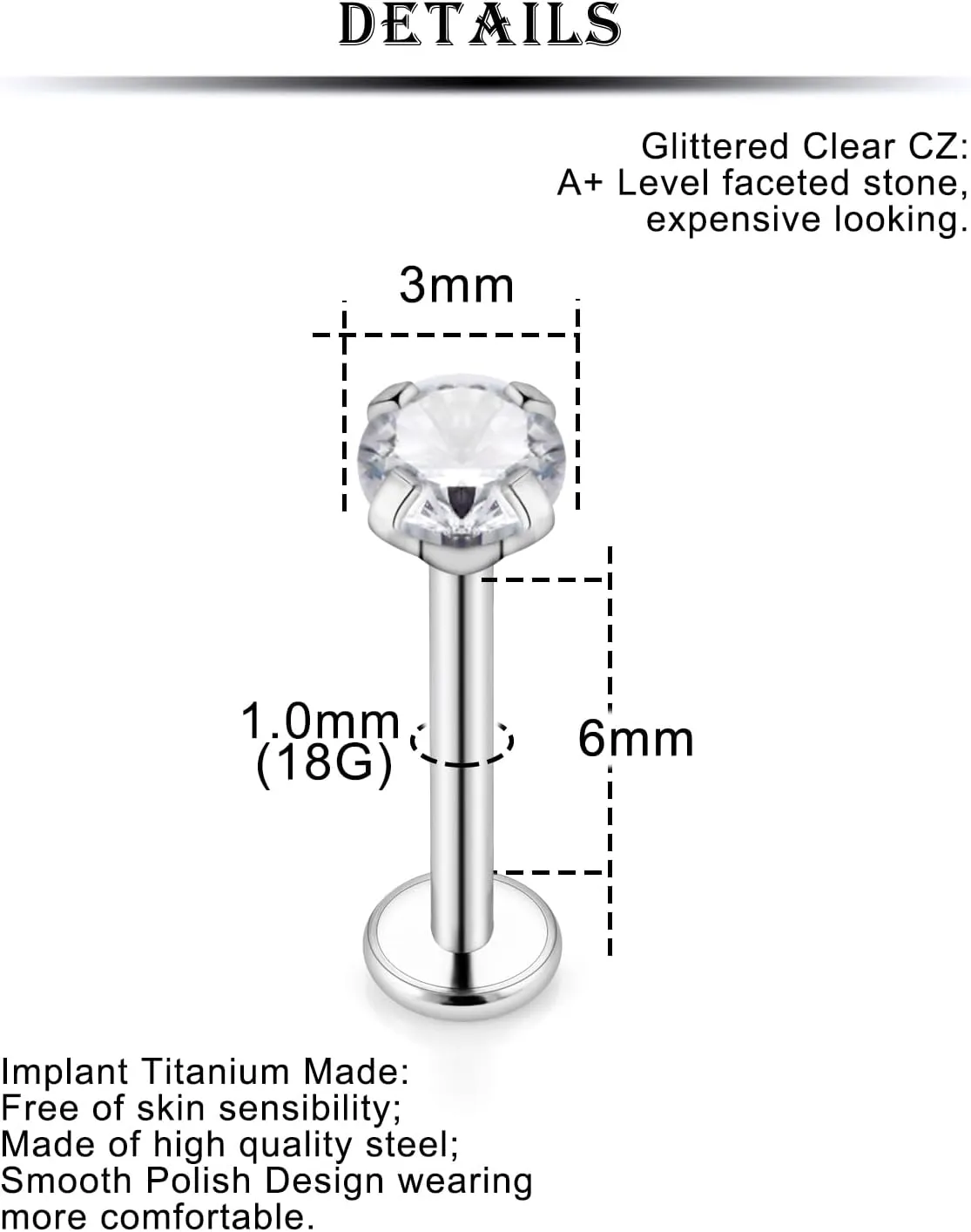 Kridzisw 20G 18G Titanium Nose Rings Studs Internally Threaded Hypoallergenic Implant Grade Surgical Steel Nose Studs Flat Back Cartilage Tragus Helix Earrings Piercing Jewelry for Sensitive Skin