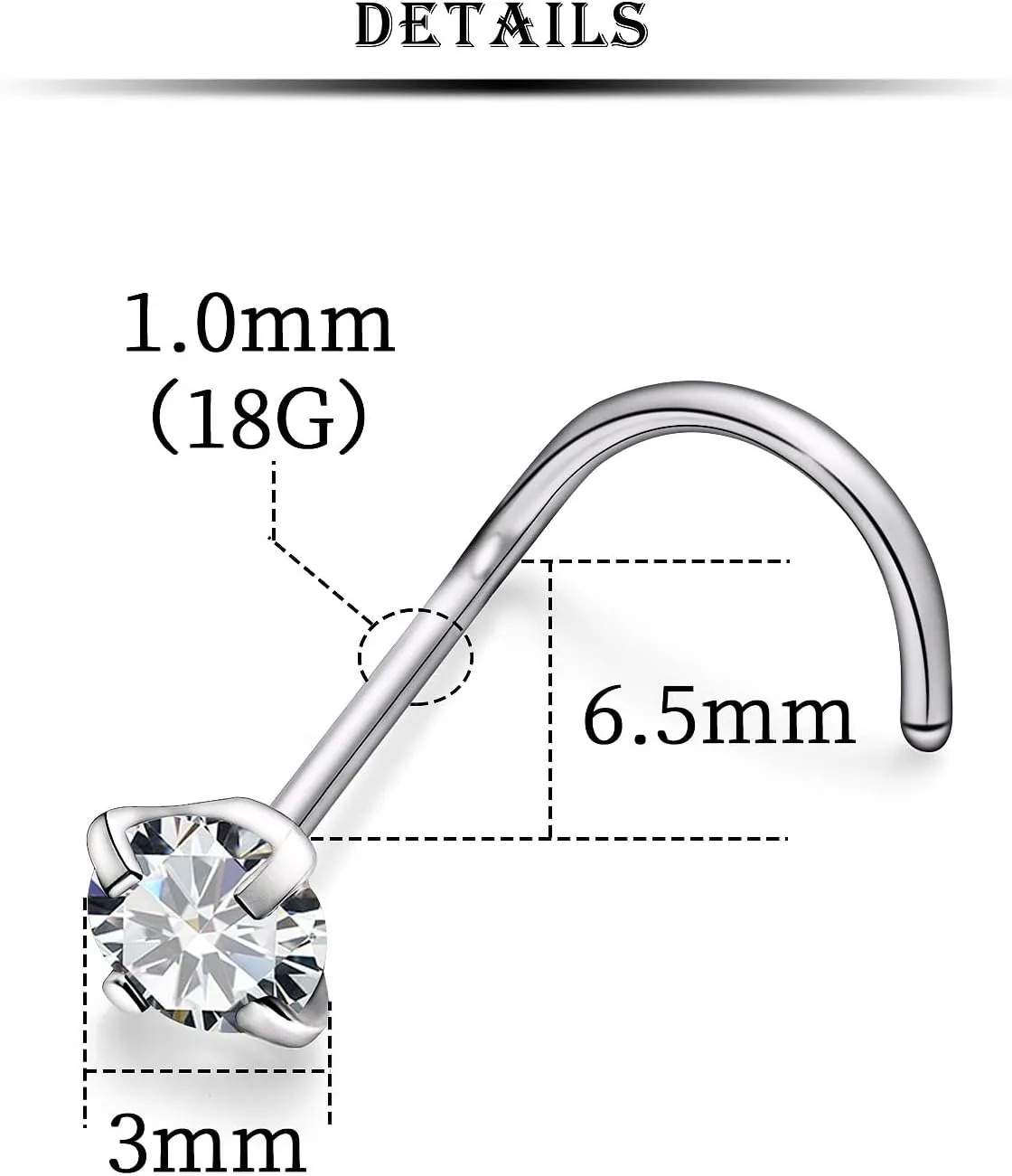 Kridzisw 22G 20G 18G Titanium Nose Rings Studs F316 Hypoallergenic Implant Grade Surgical Steel Diamond Nose Studs L Shaped Nose Piercing Jewelry for Women Men Sensitive Skin