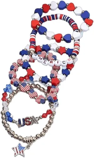KZL Surfer Heishi Bracelets Set for Women Men Independence Day 4th of July Beaded Stretch Bracelets American Patriotic Red White Blue Star USA Flag Stackable Charm Bracelets