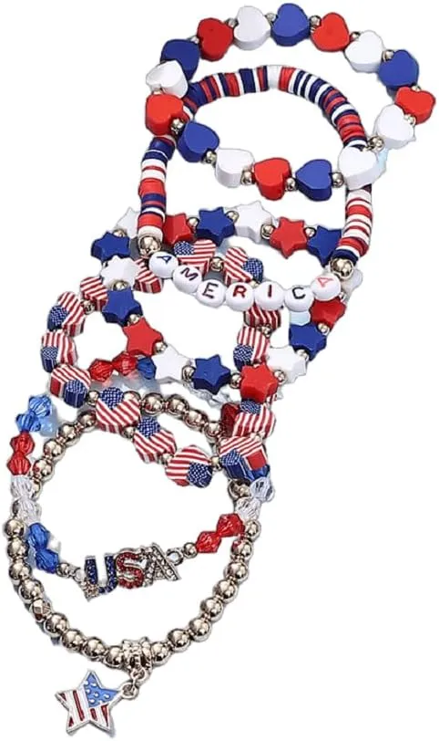 KZL Surfer Heishi Bracelets Set for Women Men Independence Day 4th of July Beaded Stretch Bracelets American Patriotic Red White Blue Star USA Flag Stackable Charm Bracelets