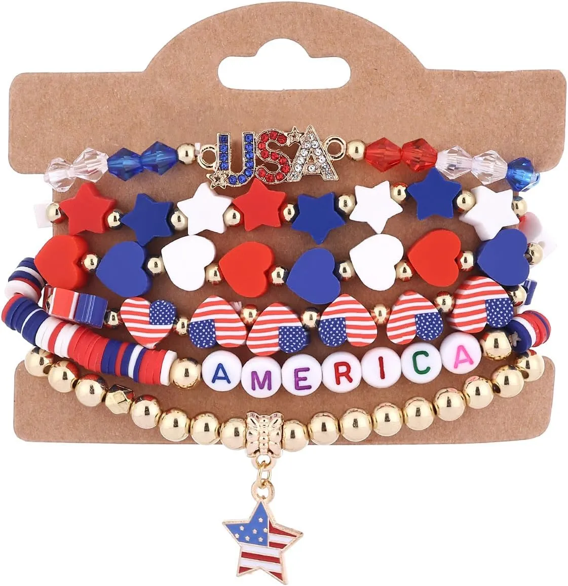 KZL Surfer Heishi Bracelets Set for Women Men Independence Day 4th of July Beaded Stretch Bracelets American Patriotic Red White Blue Star USA Flag Stackable Charm Bracelets