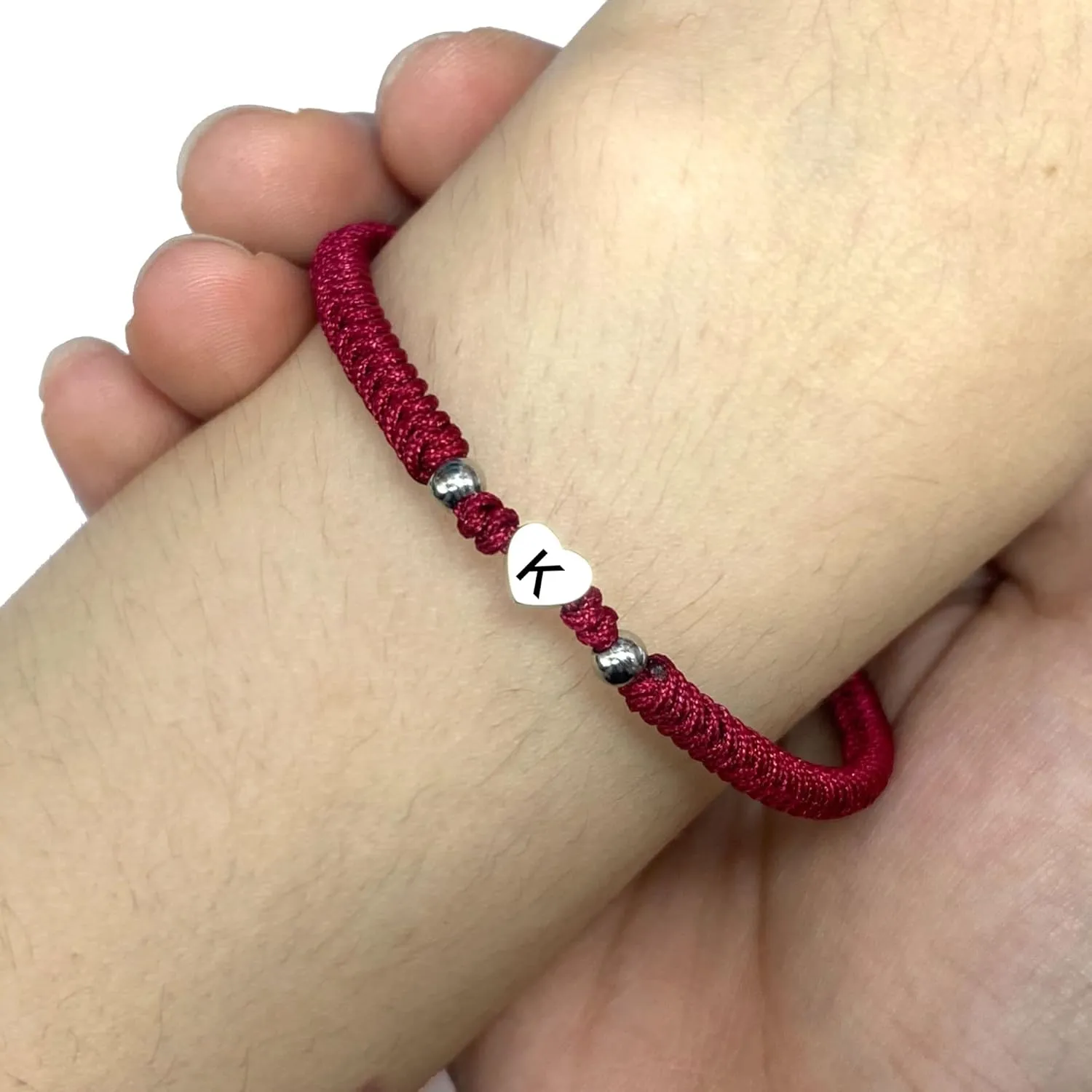 LAMIBEE Initial Bracelet Letter K, Dark Red Protection with Heart Initial Bracelet, Matching String for Couples, Gift for Women, Men, Friend Birthday, Graduation (Letter K)