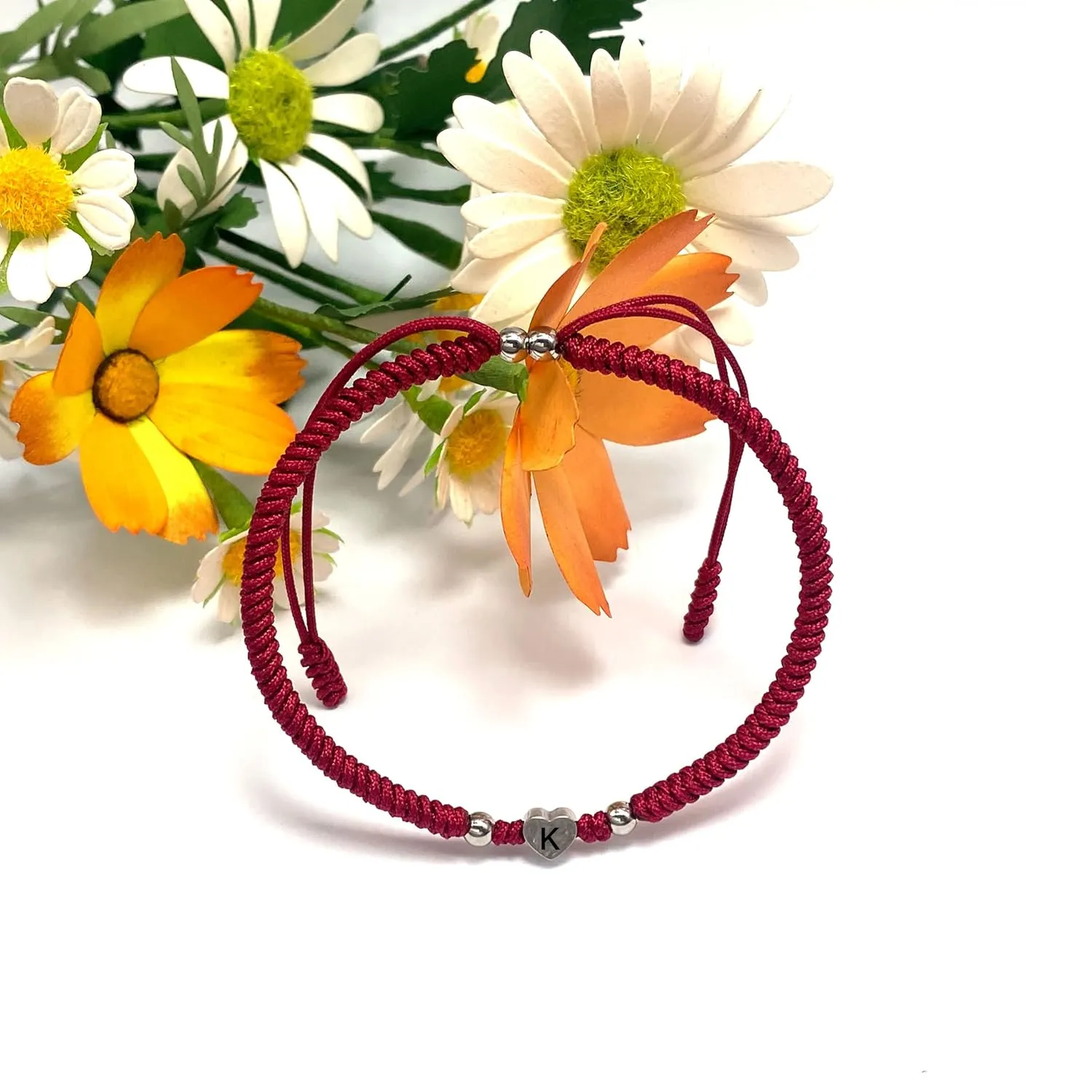 LAMIBEE Initial Bracelet Letter K, Dark Red Protection with Heart Initial Bracelet, Matching String for Couples, Gift for Women, Men, Friend Birthday, Graduation (Letter K)