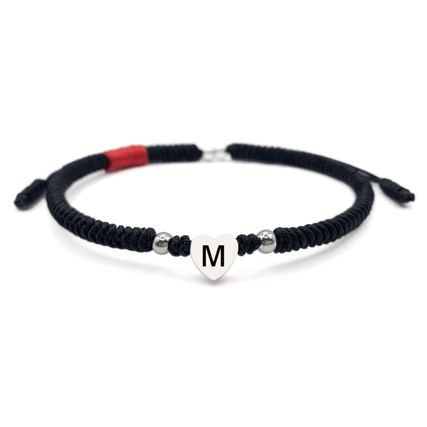 LAMIBEE Initial Letter Bracelet, Protection and Lucky String Bracelet, Black Red Bracelet with Inspirational Card, Heart Link Bracelet for Men, Women, Friendship (Letter M)