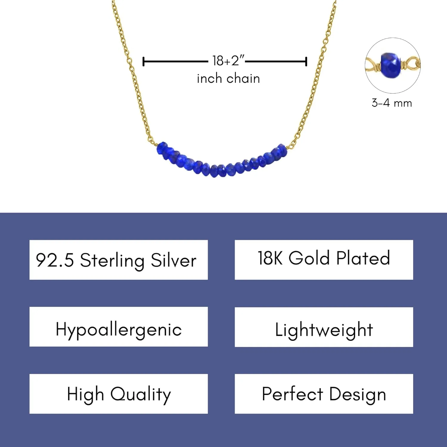 Lapis Lazuli Necklace for Women, Premium Gold Beaded Bar Necklaces - Tarnish Free 18K Gold Plated Certified S925 Classic Statement Necklace Gold Jewelry for Women - Mothers Day Gifts for Mom Wife