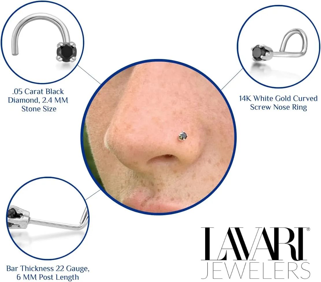 Lavari Jewelers 0.01 to 0.07 Carat Black Diamond Curved Screw Nose Stud for Women - 14k White or Yellow Gold Nose Ring for Her - 22 Gauge Unisex Nostril Jewelry - 22G Body Piercing for Men
