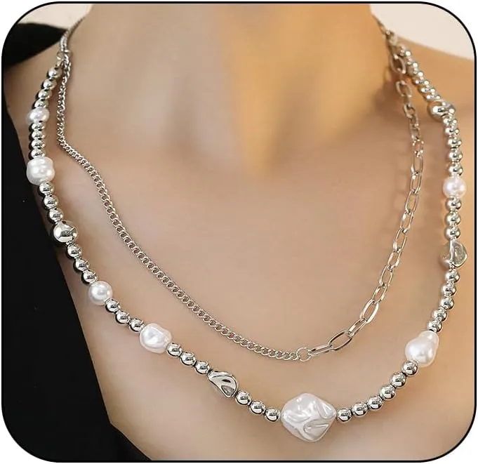 Layered Silver Baroque Pearl Choker Necklace for Women Fashion Irregular Link Chain Statement Necklaces Trendy Stack Costume Sweater Jewelry Gifts