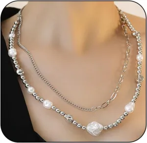 Layered Silver Baroque Pearl Choker Necklace for Women Fashion Irregular Link Chain Statement Necklaces Trendy Stack Costume Sweater Jewelry Gifts