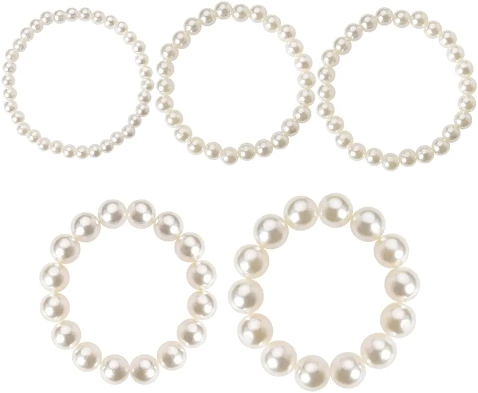 Layering Pearl Bracelets Set for Women Faux Pearl Bead Bracelet Chunky Stackable Bracelets Trendy Stretch Elastic Bracelet Pearl Wedding Gifts Bracelets for Bride Bridesmaid 5 Pcs