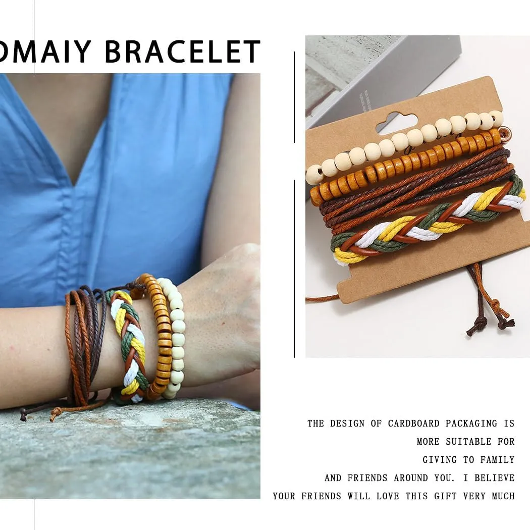Leather Boho Bracelets Braided Beaded Bracelet Hemp Rope Stackable Bracelets for Men Women and Teenage