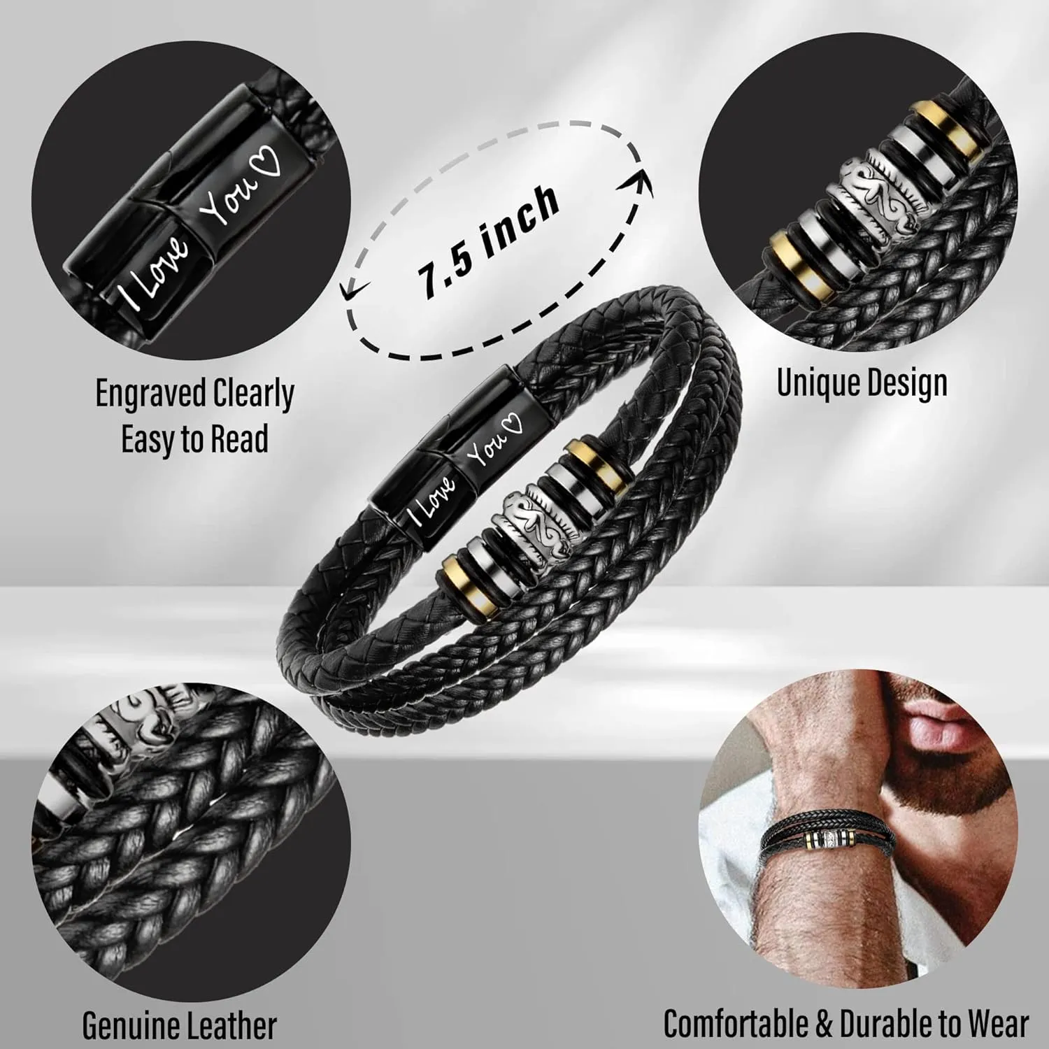 Leather Bracelets for Men I Love You Gifts for Him Father's Day Gifts for Men Bracelet Birthday Gifts for Dad Son Boyfriend Husband Graduation Gifts for Him 2023 Braided Engraved Wedding Anniversary Christmas Jewelry