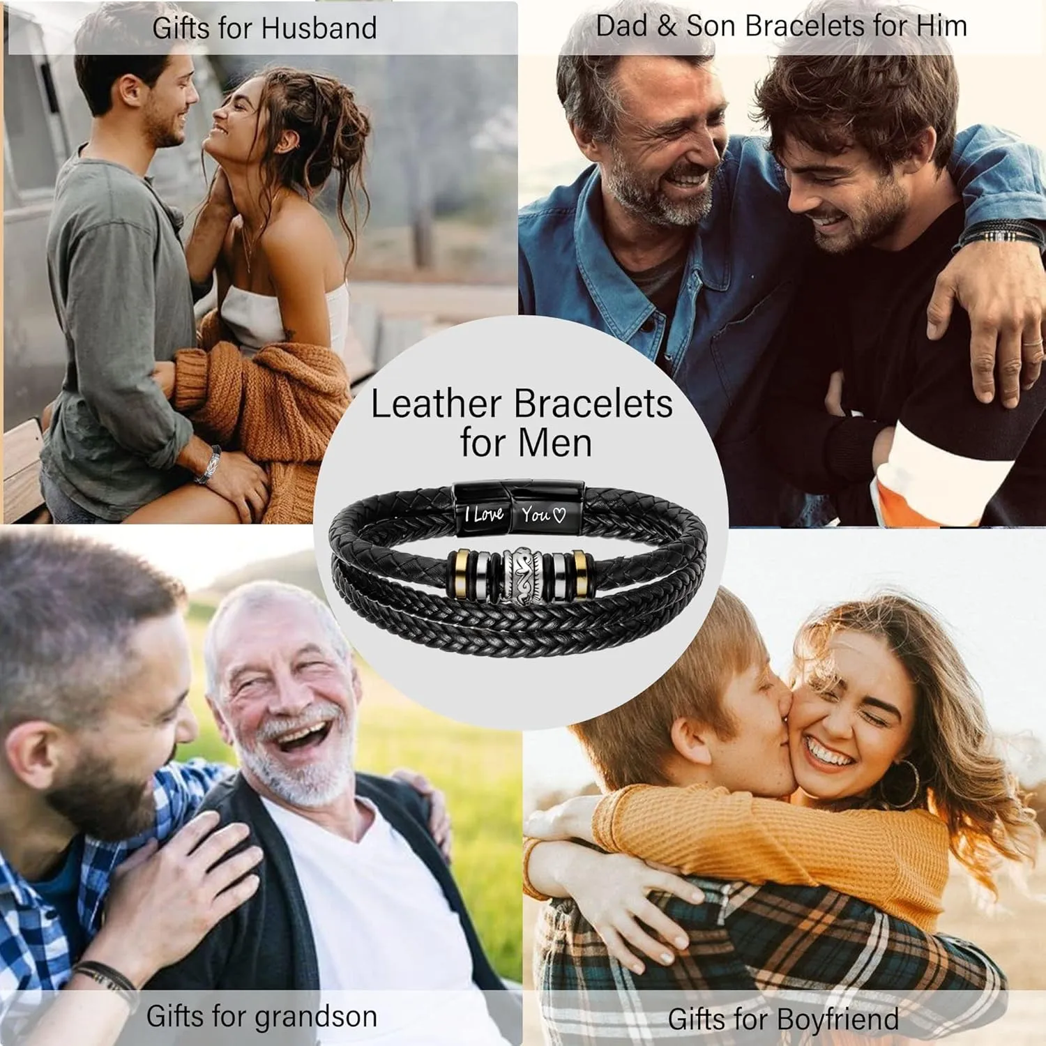 Leather Bracelets for Men I Love You Gifts for Him Father's Day Gifts for Men Bracelet Birthday Gifts for Dad Son Boyfriend Husband Graduation Gifts for Him 2023 Braided Engraved Wedding Anniversary Christmas Jewelry