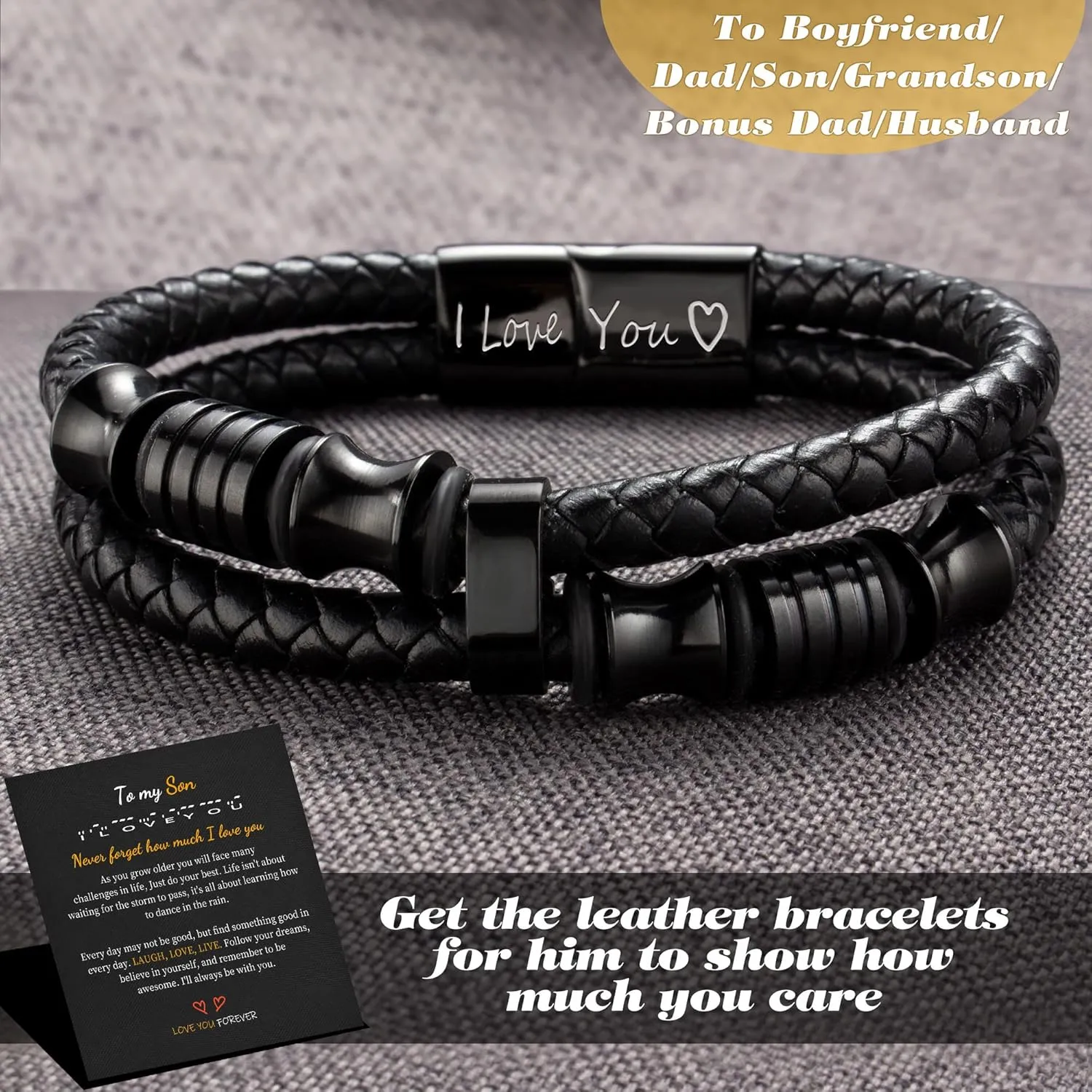 Leather Bracelets for Men I Love You Gifts for Him Father's Day Gifts for Men Bracelet Birthday Gifts for Dad Son Boyfriend Husband Graduation Gifts for Him 2023 Braided Engraved Wedding Anniversary Christmas Jewelry
