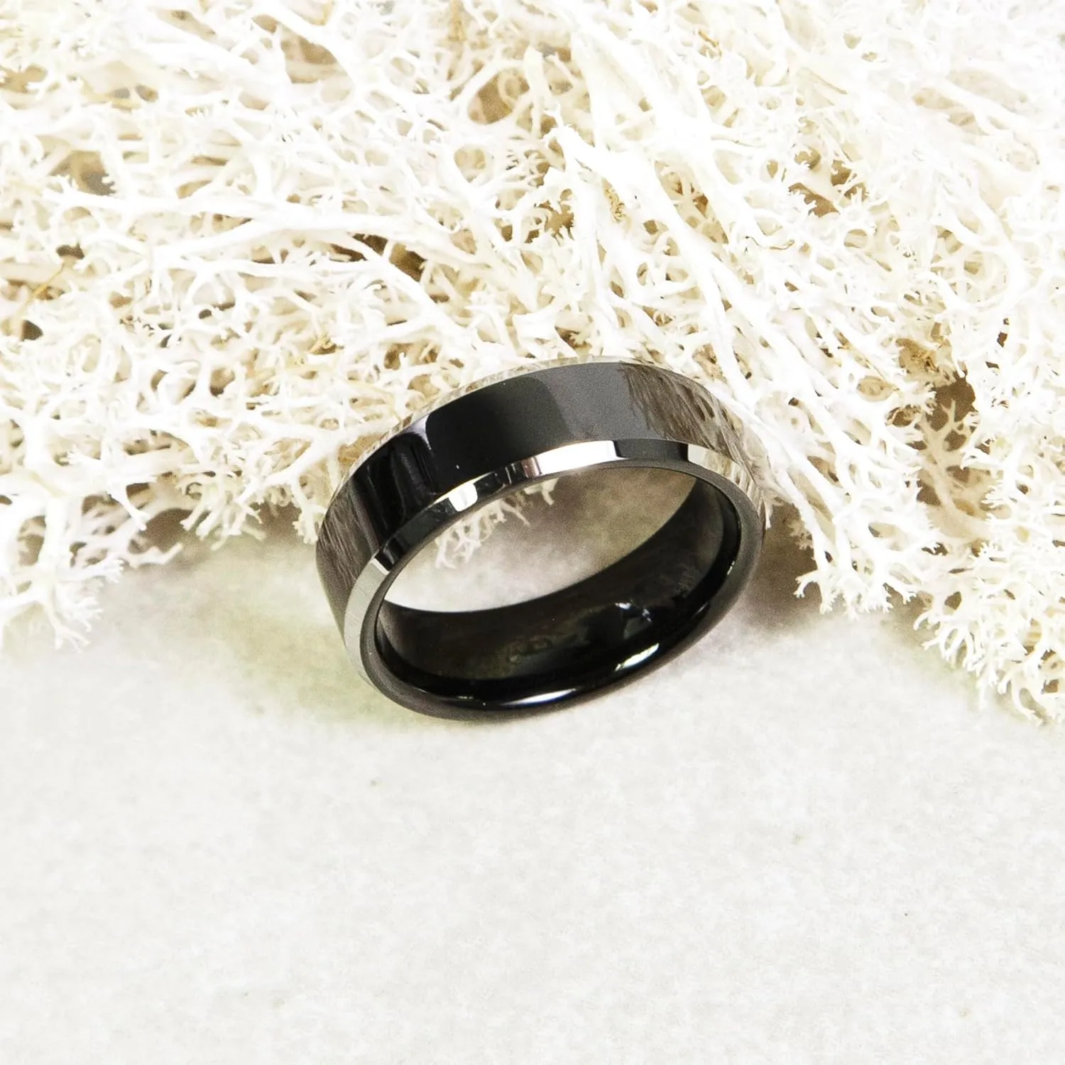 LerchPhi 8MM Black Tungsten Rings for Men, Polished Black Mens Rings with Silver Beveled Edge Mens Wedding Band
