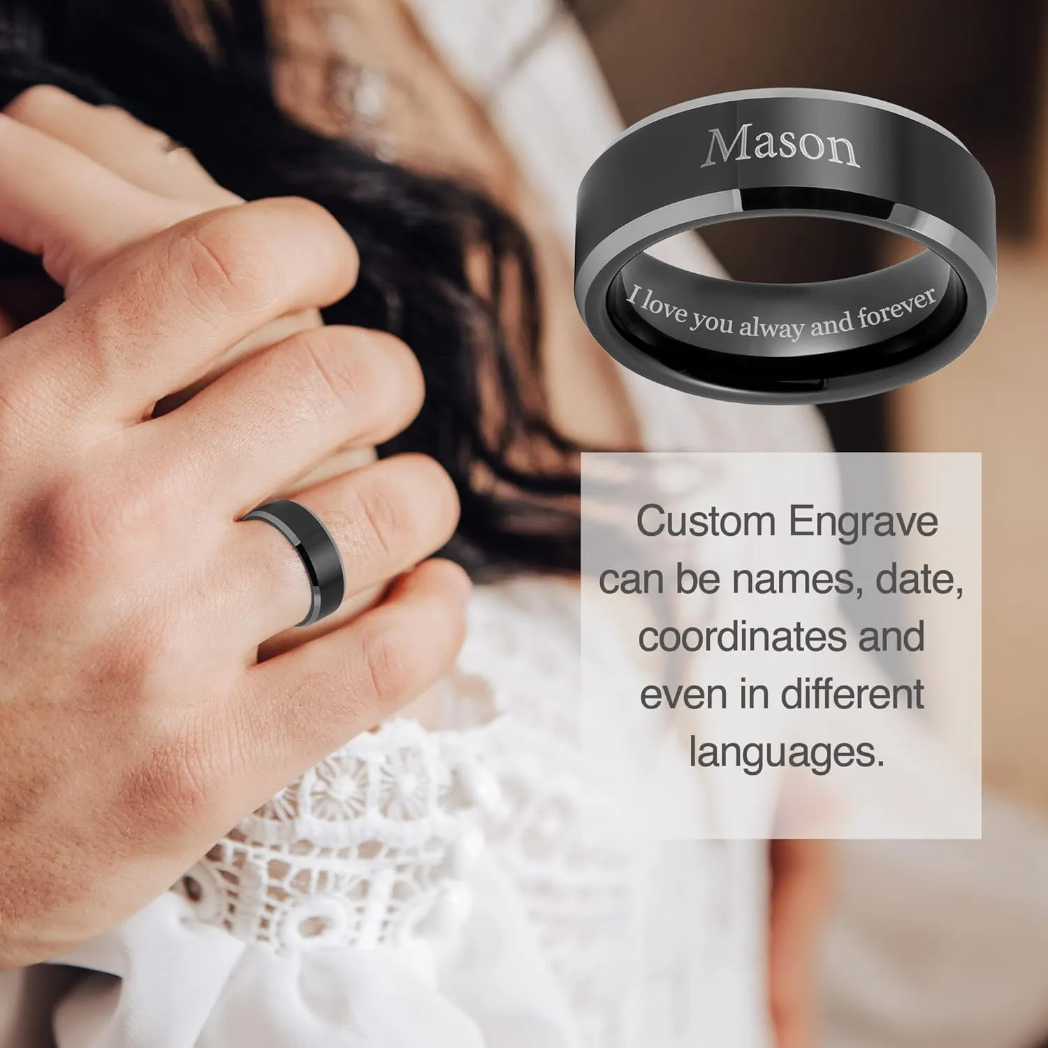 LerchPhi 8MM Black Tungsten Rings for Men, Polished Black Mens Rings with Silver Beveled Edge Mens Wedding Band