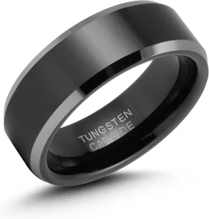 LerchPhi 8MM Black Tungsten Rings for Men, Polished Black Mens Rings with Silver Beveled Edge Mens Wedding Band