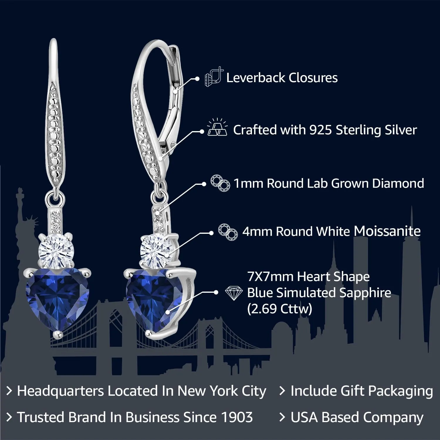 Leverback Drop Dangle Earrings for Women in 925 Sterling Silver | Gemstone Birthstone and White Moissanite with Lab Grown Diamond Accents | Heart 7MM & Round 4MM | Fine Jewelry Her Mom Wife