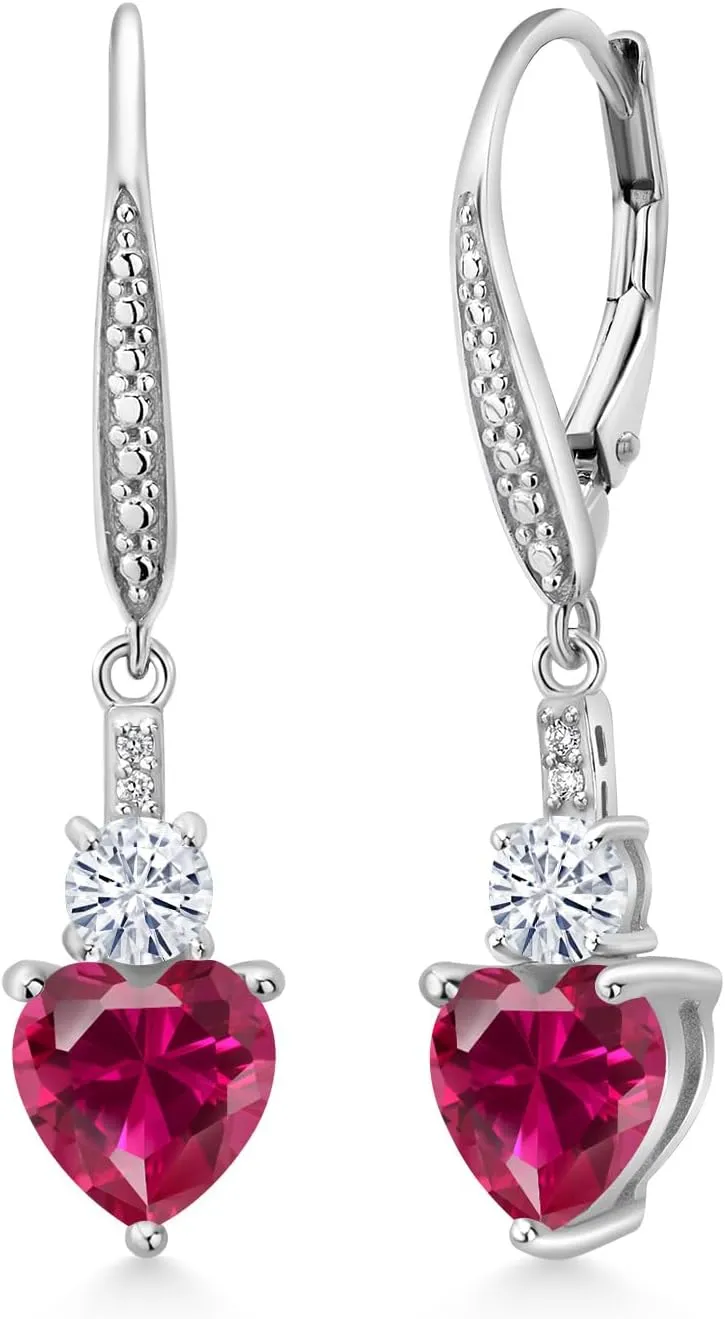 Leverback Drop Dangle Earrings for Women in 925 Sterling Silver | Gemstone Birthstone and White Moissanite with Lab Grown Diamond Accents | Heart 7MM & Round 4MM | Fine Jewelry Her Mom Wife