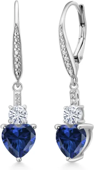 Leverback Drop Dangle Earrings for Women in 925 Sterling Silver | Gemstone Birthstone and White Moissanite with Lab Grown Diamond Accents | Heart 7MM & Round 4MM | Fine Jewelry Her Mom Wife