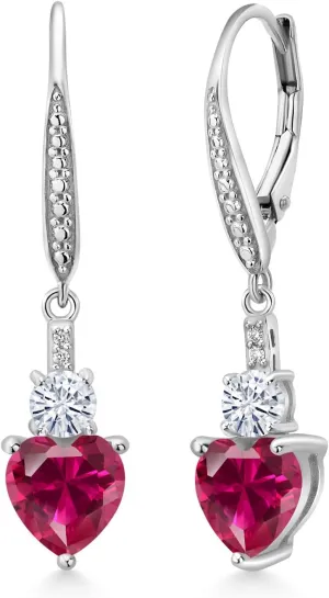 Leverback Drop Dangle Earrings for Women in 925 Sterling Silver | Gemstone Birthstone and White Moissanite with Lab Grown Diamond Accents | Heart 7MM & Round 4MM | Fine Jewelry Her Mom Wife