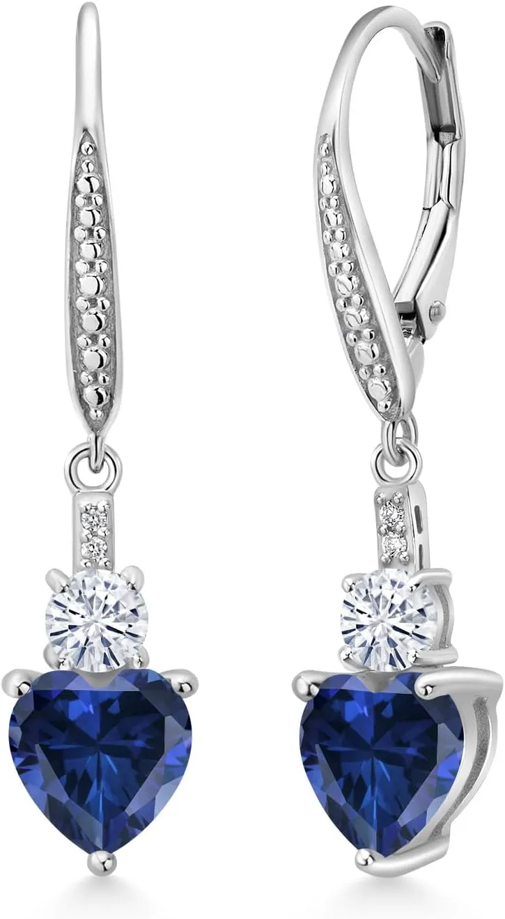 Leverback Drop Dangle Earrings for Women in 925 Sterling Silver | Gemstone Birthstone and White Moissanite with Lab Grown Diamond Accents | Heart 7MM & Round 4MM | Fine Jewelry Her Mom Wife