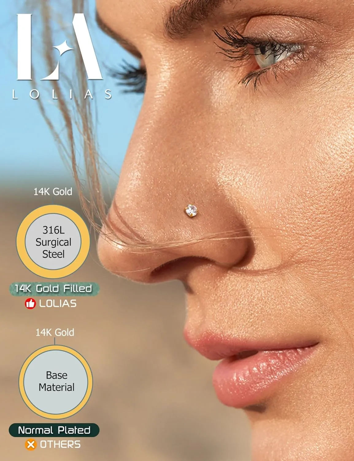 LOLIAS 14K Gold Filled Nose Studs 316L Surgical Steel Gold Nose Rings Studs 6A CZ Simulated Diamond Corkscrew L Shaped Nose Piercing Hypoallergenic Nose Rings for Women Men 20G