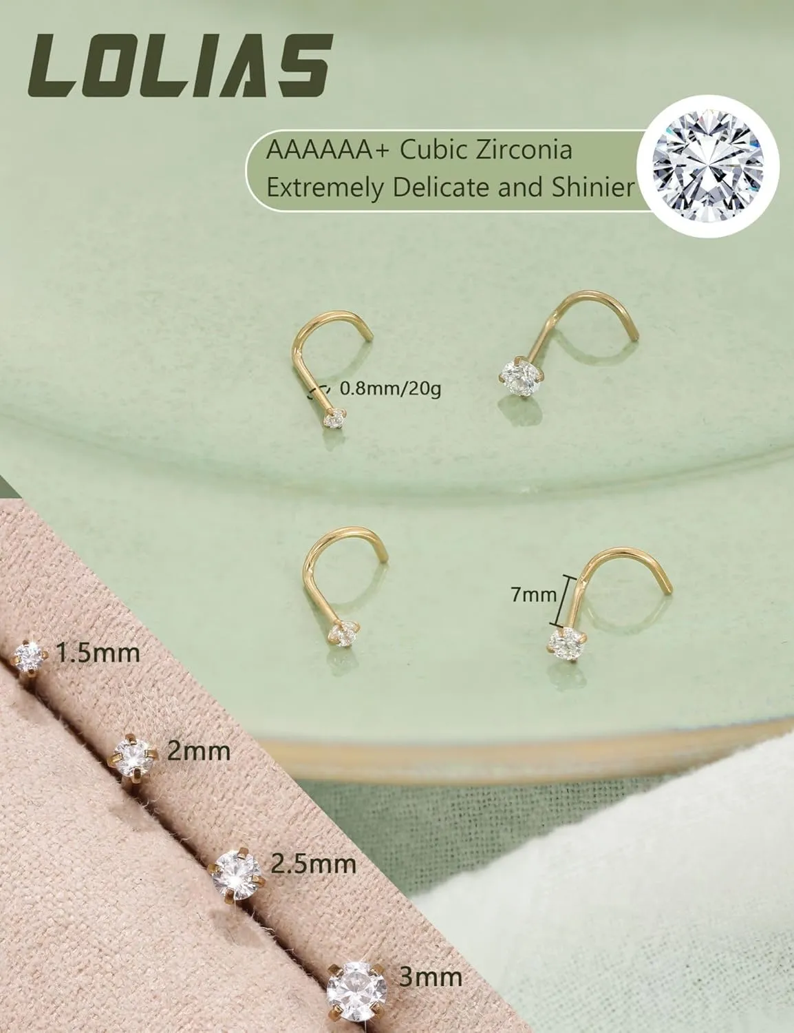 LOLIAS 14K Gold Filled Nose Studs 316L Surgical Steel Gold Nose Rings Studs 6A CZ Simulated Diamond Corkscrew L Shaped Nose Piercing Hypoallergenic Nose Rings for Women Men 20G
