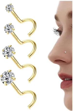 LOLIAS 14K Gold Filled Nose Studs 316L Surgical Steel Gold Nose Rings Studs 6A CZ Simulated Diamond Corkscrew L Shaped Nose Piercing Hypoallergenic Nose Rings for Women Men 20G