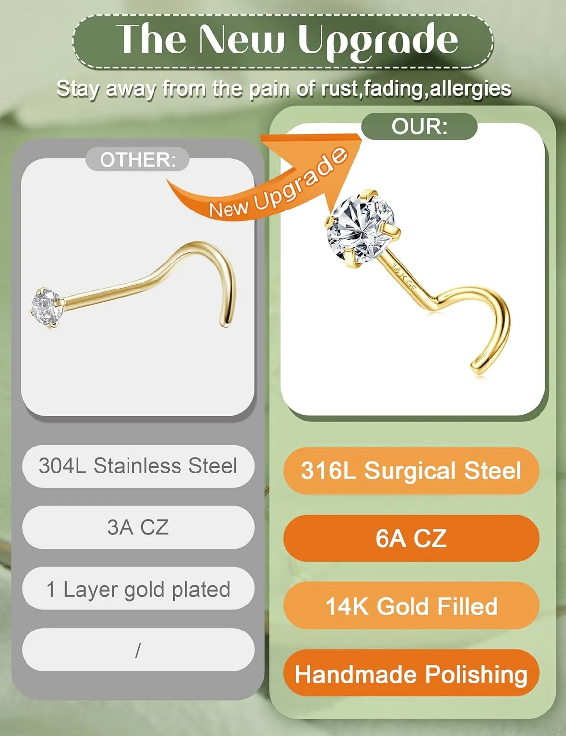 LOLIAS 14K Gold Filled Nose Studs 316L Surgical Steel Gold Nose Rings Studs 6A CZ Simulated Diamond Corkscrew L Shaped Nose Piercing Hypoallergenic Nose Rings for Women Men 20G